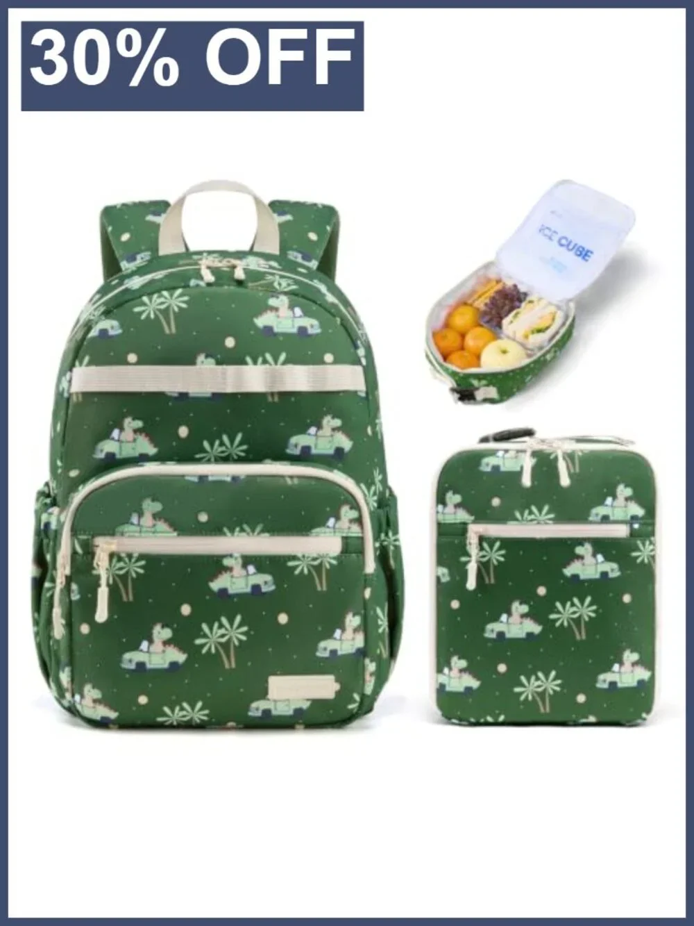 Kids Dinosaur Car Backpack with Insulated Lunch Box, Padded Straps, Reflective
